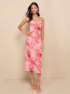 Lulus Bright Charm Pink Abstract Print Chiffon Slip Midi Dress - Size L